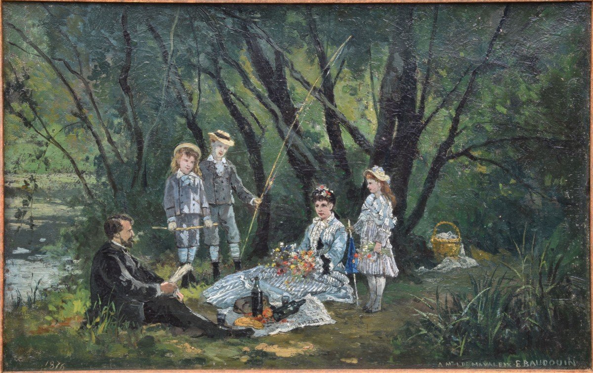 Eugène Baudouin "le déjeuner sur l'herbe" 1876 huile sur toile 27x41-photo-4